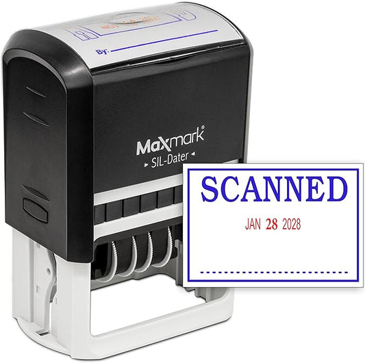 MaxMark Large Self-Inking Rubber Date Office Stamp with Scanned Phrase & Date - Blue/Red Ink, 12-Year Band - Style 3