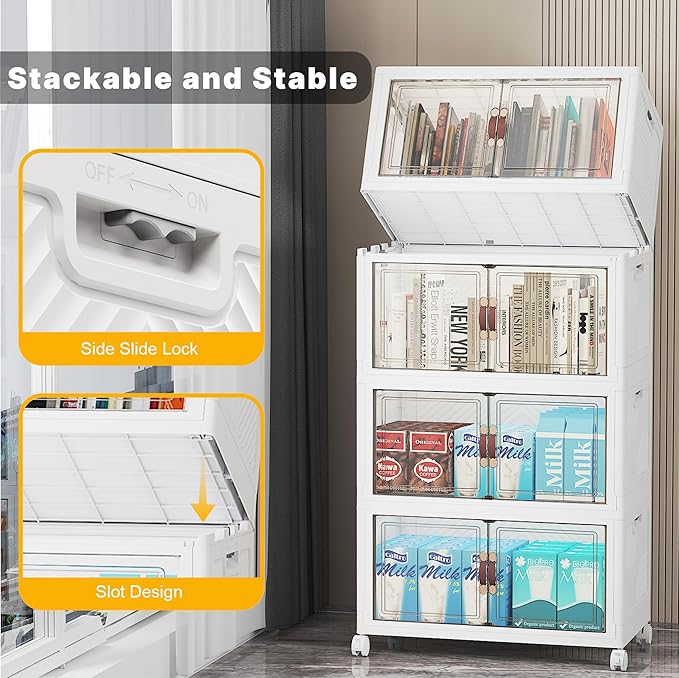 UAMFURI Extra Large Stackable Storage Bins with Lids & Wheels & Door, 416QT-52QT/13GAL*8Pack Foldable Collapsible Closet Organizers, Plastic containers drawers for bedroom Dorm