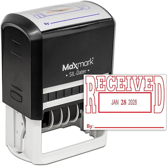MaxMark Large Self-Inking Rubber Date Office Stamp with Received Phrase & Date - Red Ink, 12-Year Band - Style 5