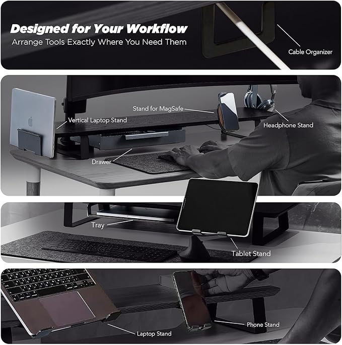 ULTRARM Moodular Wooden Monitor Stand 45.6” (116cm) Large Desk Organizer with Metal Slide Rails for Drawer, Tray, Laptop, Tablet, Phone & Headphones Customizable Riser for Organized Workspace Black