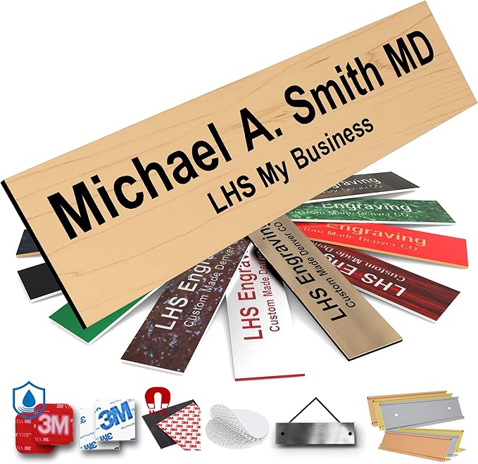 Engraved Name Plates for Door Sign Personalized Cashew Plastic Plaque with Black Letters - Made in USA 2x12 N6