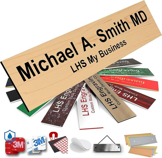 Engraved Name Plates for Door Sign Personalized Cashew Plastic Plaque with Black Letters - Made in USA 2x10 N6