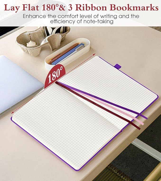 PAIBAS Graph Notebook for Women Men, 160 Pages Grid Paper, Graphing Notebooks for School, Work, Quad Ruled, Inner Pocket, A5 Hardcover Vintage Leather Journals for Writing, 5.8"x8.5" (Purple)