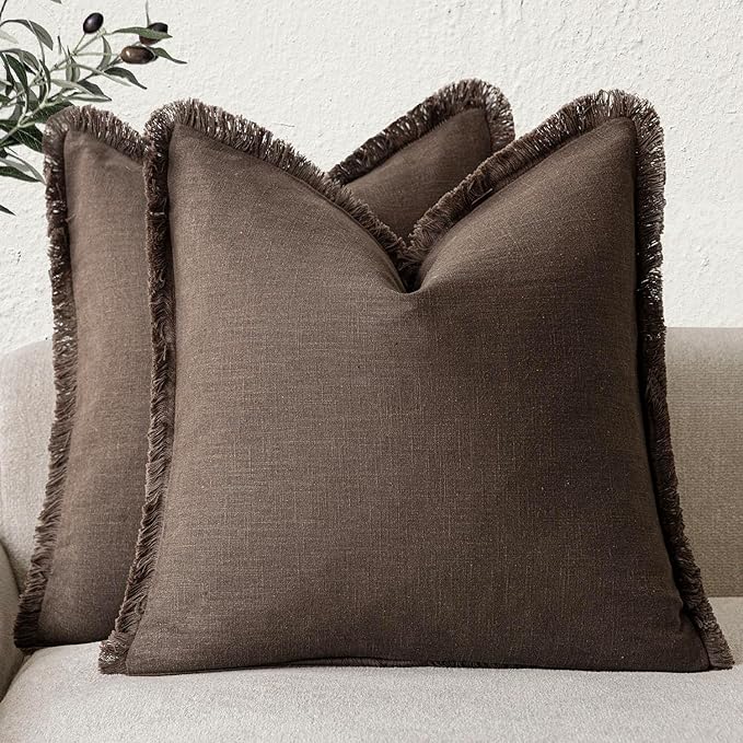 Foindtower Set of 2 Decorative Linen Fringe Throw Pillow Covers Cozy Boho Farmhouse Cushion Cover with Tassels Soft Accent Pillowcase for Couch Sofa Bed Living Room Home Decor,26×26 Inch,Reddish Brown
