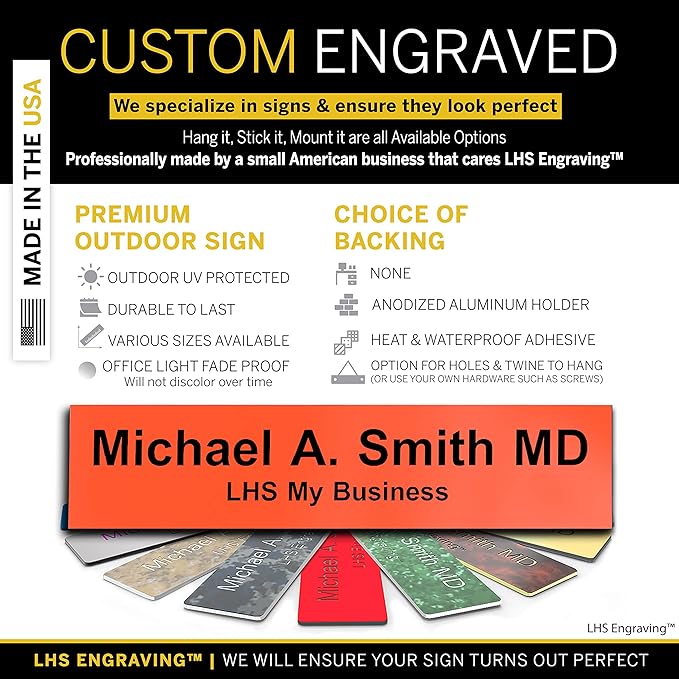 Personalized Name Plate with Choice of Mounting for Walls, Doors, Desk Holders, Cubicles, Hanging and More - Custom Orange Plastic Black Letters - USA Made 2x8 - B11