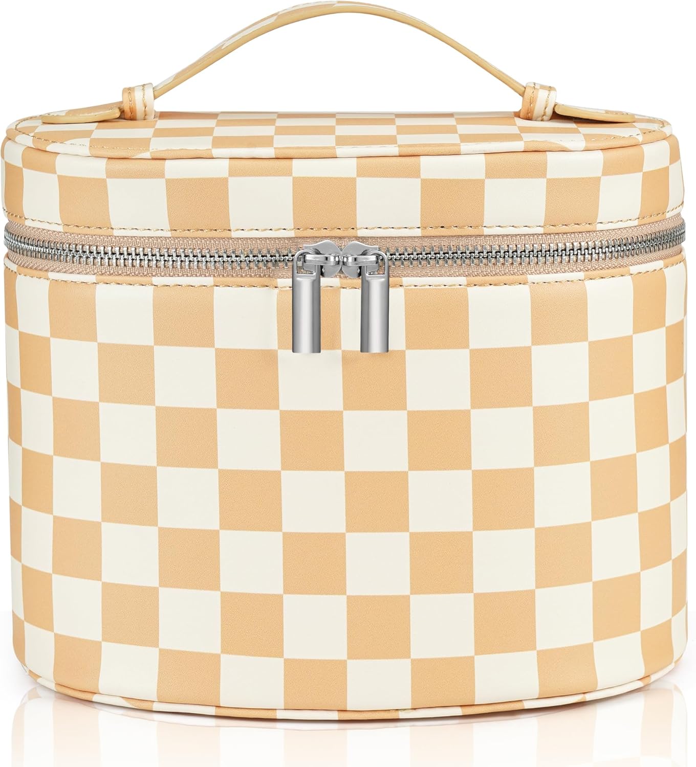 Makeup Bag Vanity Case Cosmetic Bag with Removable Divider Travel Toiletry Bag for Women Portable Make up Box Organizer, Beige and White