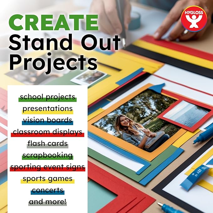 Hygloss Small Colored Poster Board 4x11 - 50 Assorted Standard Color Poster Boards Bulk Pack - Red, Yellow, Green, Blue, Black - 10 Pt. Thickness Poster Board Paper - Posterboard Multipack 4" x 11"