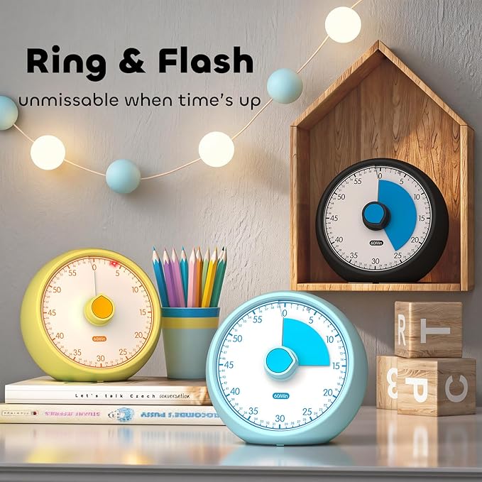 Visual Timer 60-Minute Countdown Timer with Optional Alarm, Focus Tool for ADHD & Autism, Time Management for Homework, Chores, Office, Kitchen, Teaching & Study Routines (Yellow)