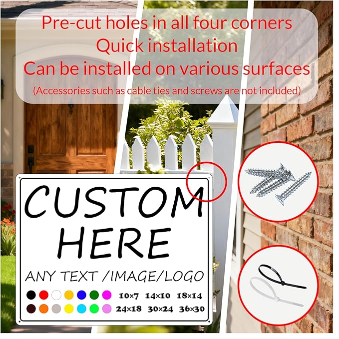 Custom Signs-14×10inches-Metal Sign Customized Sign with Your Text,Logo,photo,Prefabricated holes,easy installation, optional reflective,for Indoors/outdoors