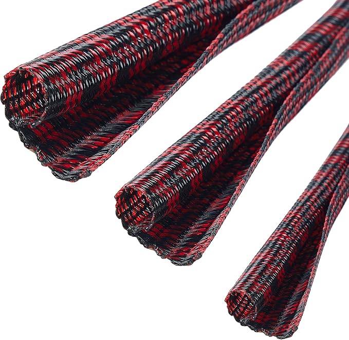 QCSIW Split Cable Sleeve, 1/4 inch 100ft Black Red Braided Wire Loom for Home Cable Management, Pet Chew Protection and DIY Cord Organizer for Desk and Home Theater