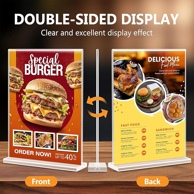 Enayplon Acrylic Sign Holder 8.5 x 11, Double Sided Sign Holder Stand, Plastic 10 Pack Table Paper Stand, Vertical Menu Flyer Stand, T Shape Table Flyer Holder