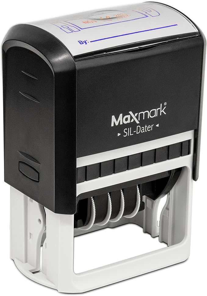 MaxMark Large Self-Inking Rubber Date Office Stamp with Deposited Phrase & Date - Red Ink, 12-Year Band - Style 3