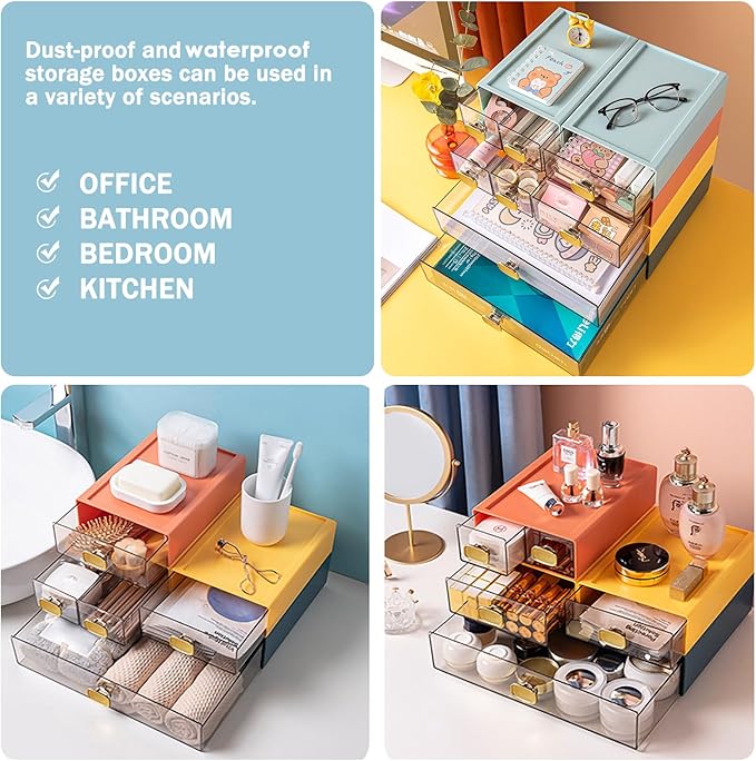 DETEIN 2 PACK Desk Organizer with Drawer Stackable Storage Drawer Small Desktop Drawer Plastic Clear Desk Organization Storage Box for Accessories, Markers, Clips, Cables (White,M-2 Drawer,Pack of 2)