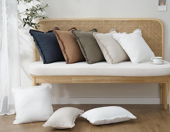 Foindtower Set of 2 Decorative Linen Fringe Throw Pillow Covers Cozy Boho Farmhouse Cushion Cover with Tassels Soft Accent Pillowcase for Couch Sofa Bed Living Room Home Decor, 24×24 Inch, Navy Blue