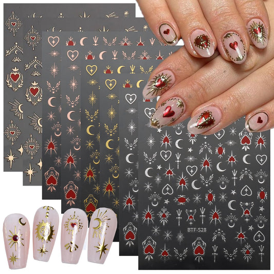 8 Sheets Metallic Nail Art Stickers Bronzing Star Moon Nail Decals 3D Self-Adhesive Gold Silver Nail Art with Heart Charms Design Moon Star Nail Stickers for Women Manicure Decoration Accessories