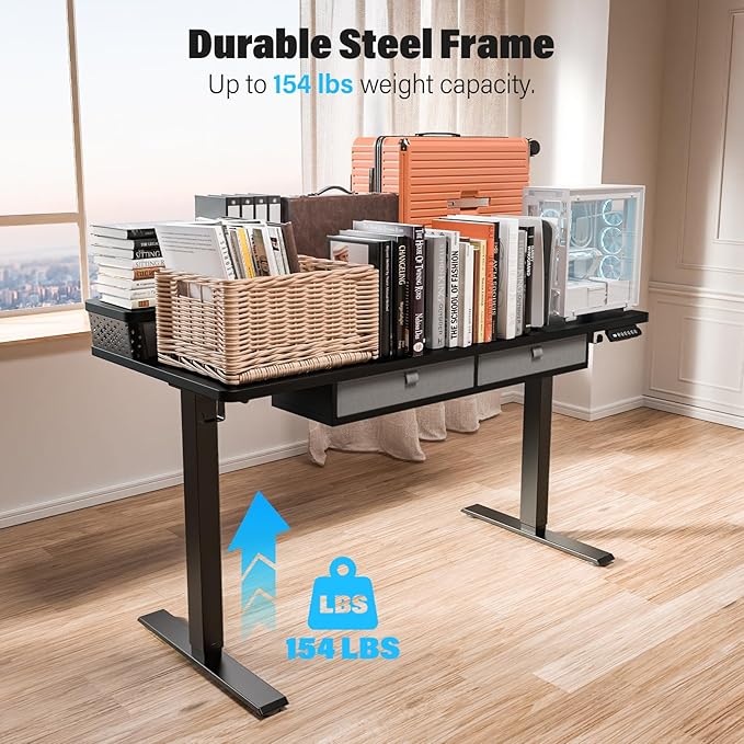 Kingant 55 x 24 Inch Electric Standing Desk with 4 Drawers, Height Adjustable Sit to Stand Computer Desk with Storage Shelf and C-Clamp Mount Compatibility for Home Office, Black