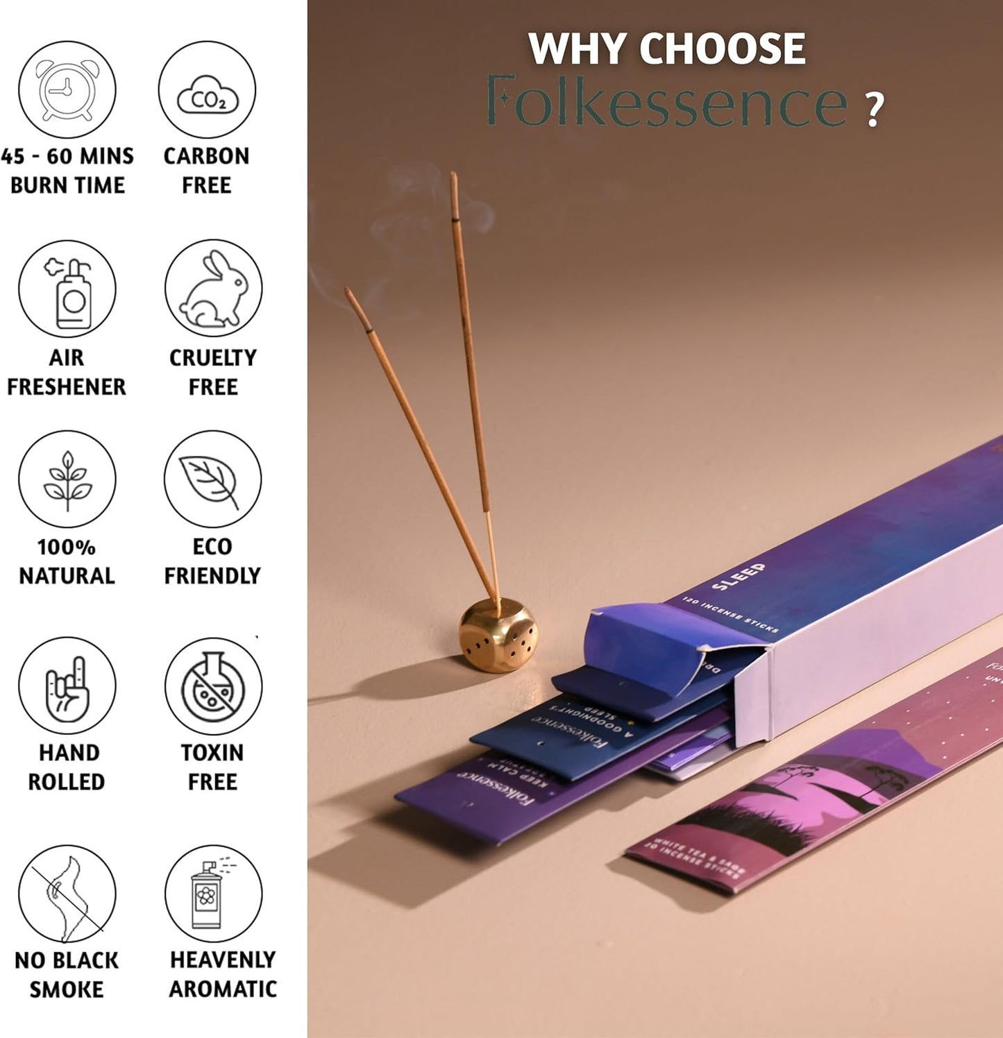 Folkulture Incense Sticks | Set of 6 (120 Non Toxic-Stick) | 45 Mins Burn Time | Rosemary, Jasmine, Lavender and Sage Inscents-Stick | Organic Sleep Incense | Insence-Sticks Variety Pack