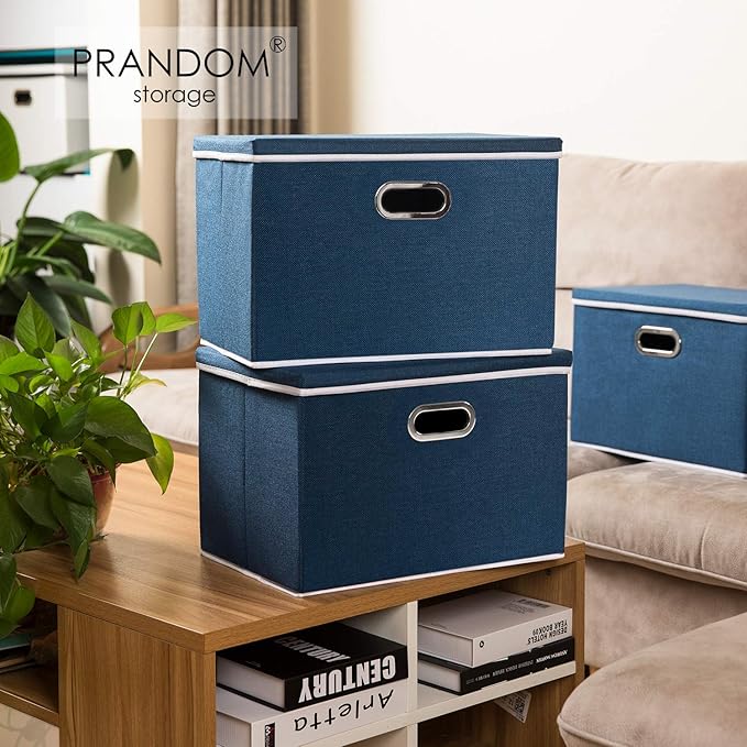 PRANDOM Large Collapsible Storage Bin with Lid [1-Pack] Fabric Foldable Storage Box Organizer Container Basket Cube with Cover for Home Bedroom Closet Office Nursery Royal Blue(17.7x11.8x11.8)