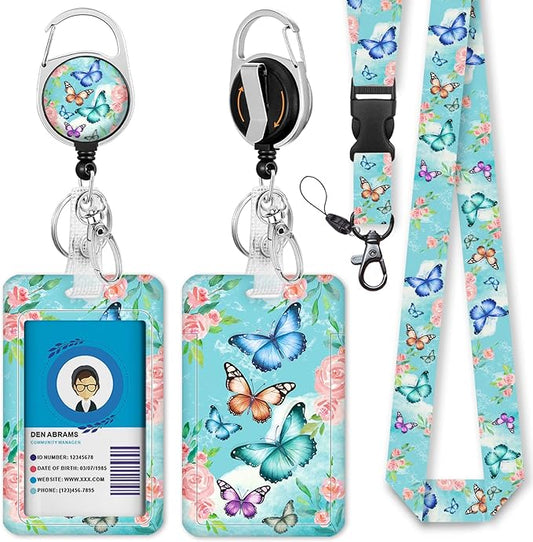 GIANCOMICS ID Badge Holder with Breakaway Lanyard, Cute Butterfly Lanyards for ID Badges ID Card Holder, Retractable Badge Reel Clips Heavy Duty Keychain Badge Lanyard, Teacher Nurse Work Office Gifts