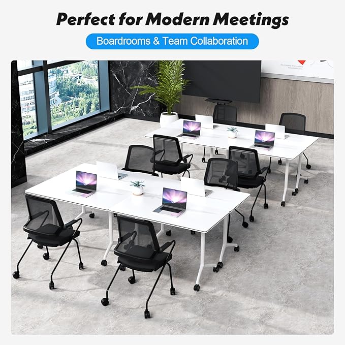 Goakwwuz Conference Room Table, Folding Conference Tables,Thicken Grey Tabletop,Flip Top Wooden Seminar Meeting Room Table for Conference Room Offices (8, White, 70.8”)