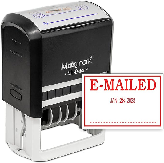 MaxMark Large Self-Inking Rubber Date Office Stamp with E-Mailed Phrase & Date - Red Ink, 12-Year Band - Style 3