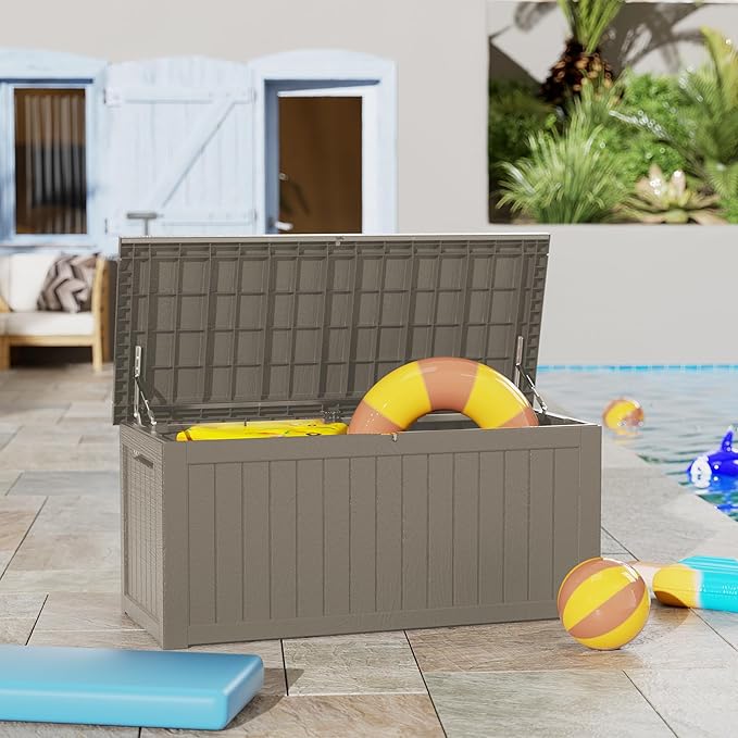 TARKARI 270 Gallon Lockable Resin Deck Box, Waterproof & UV-Resistant Outdoor Storage Box for Outdoor Cushion Storage, Garden Tools & Pool Accessories Storage, Gray