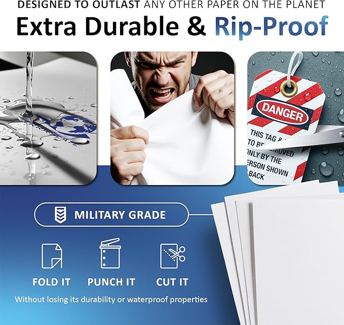 TerraSlate Premium Waterproof Paper, 5 MIL 8.5” x 11”, Laser Printer & Copy Machine Compatible, Durable & Rain/Weather-Proof Copy Paper, White Paper (100 Sheets)