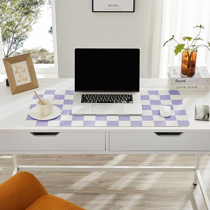 Ohocut Checkered Desk Mat, Large Cute Aesthetic Retro PU Leather Computer Laptop Desk Mat, Non-Slip Waterproof Mouse Keyboard Pad, Desk Writing Mat for Work/Home (Purple, 23.6" x 13.7")