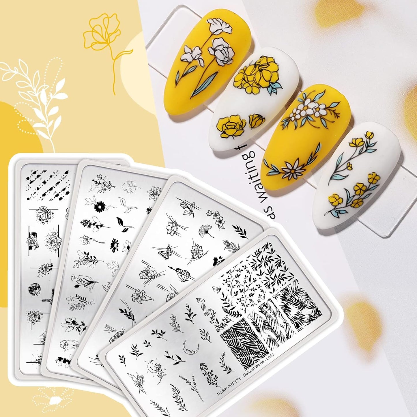 BORN PRETTY Stamping Temeplates Nail Art Stamping Plates Flower Leaves Theme Nail Image Plates Nail Manicuring DIY Printing Tools 4PCS