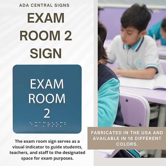 6" X6" Exam Room 2 Sign - ADA Compliant Tactile Graphics Grade 2 Braille Text Acrylic Wall Signs - Educational Institution Directional Assistance Test Center Door Sign for Schools
