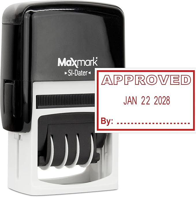 MaxMark Office Self Inking Date Stamp with Phrase Approved - Red Ink