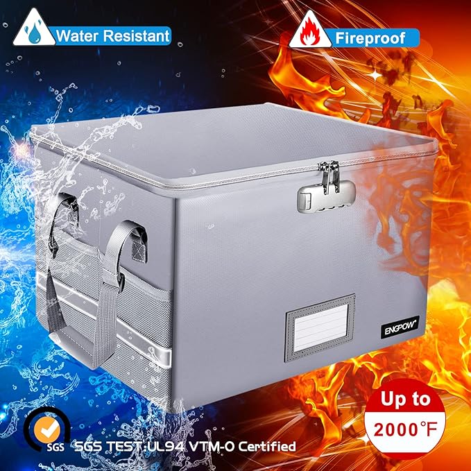 ENGPOW File Box with Lock, Fireproof Document Box with Zipper＆Pockets, Collapsible File Organizer Filing Storage Cabinet with Handle, Portable Home Office Safe for Hanging Letter/Legal Folder,Silver