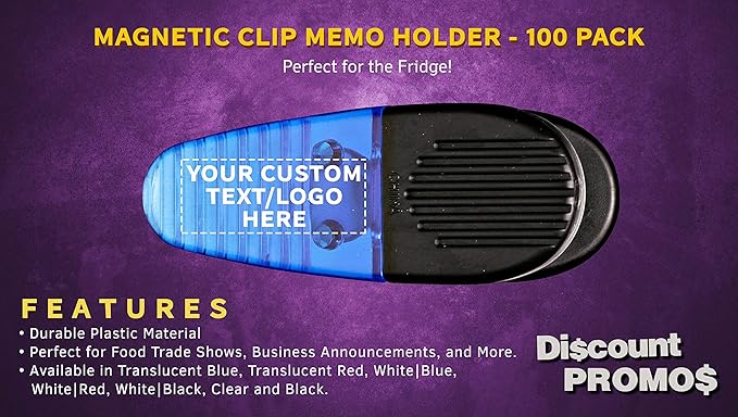 100 Magnetic Memo Holders Set - Customizable Text, Logo - Large Clip, Plastic - TBlue