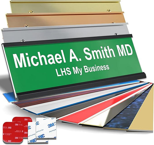 Custom Name Plate for Doors, with Choice of Mounting Holders for Walls, Doors, Cubicles, Hanging and More - Personalized Green Plastic White Letters - USA Made 2x6 - B6