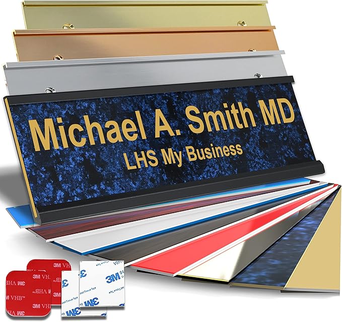 Custom Name Plate with Choice of Mounting for Walls, Doors, Desk Holders, Cubicles, Hanging and More - Personalized Celestial Blue Plastic Gold Letters - USA Made 2x8 - S1