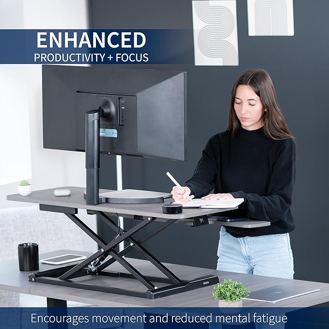 VIVO 42 inch Desk Converter, K Series, Height Adjustable Sit to Stand Riser, Dual Monitor and Laptop Workstation with Wide Keyboard Tray, Gray Top, Black Frame, DESK-V042KG