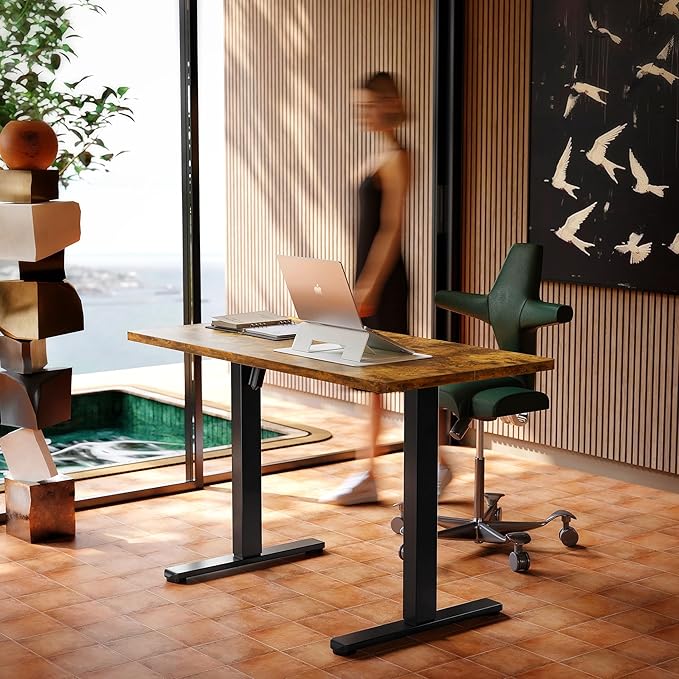 HUANUO 43 x 24 inch Electric Standing Desk Adjustable Height, 4 Memory Height Settings, Sit Stand Up Desk for Home Office & Computer Workstation, Rustic Brown