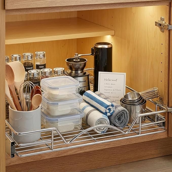 HOLDN’ STORAGE Pull Out Cabinet Organizer, Heavy Duty Caddy w/Lifetime Limited Warranty -17”W x 21”D - Requires At Least 18-1/4” Cabinet Opening, Steel Metal Cabinet Drawers Slide Out, Chrome