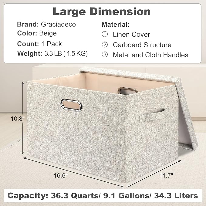 Graciadeco Large 17 36 Quart Collapsible Stackable Storage Bins with Lids, 1 Pack Beige Foldable Fabric Closet Storage Boxes with Lids, 4 Handles Toy Heavyduty Dark Gray Linen Storage Cube Box