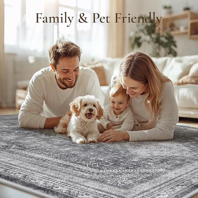 GENIMO 8x10 Area Rugs for Living Room, Machine Washable Non Slip Rugs, Low Pile Lightweight Print Rug for Bedroom, Dining Room, Home Office, Vintage Grey