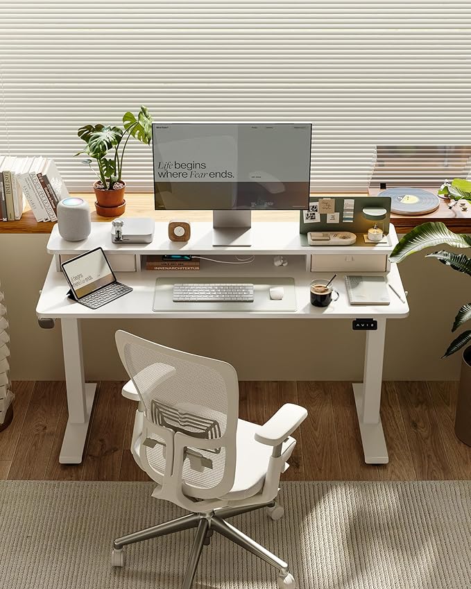FEZIBO 55 x 24 Inch Height Adjustable Electric Standing Desk with Double Drawer, Stand up Home Office Computer Desk with 4 Height-Adjustable Feets & 2 Hooks, White