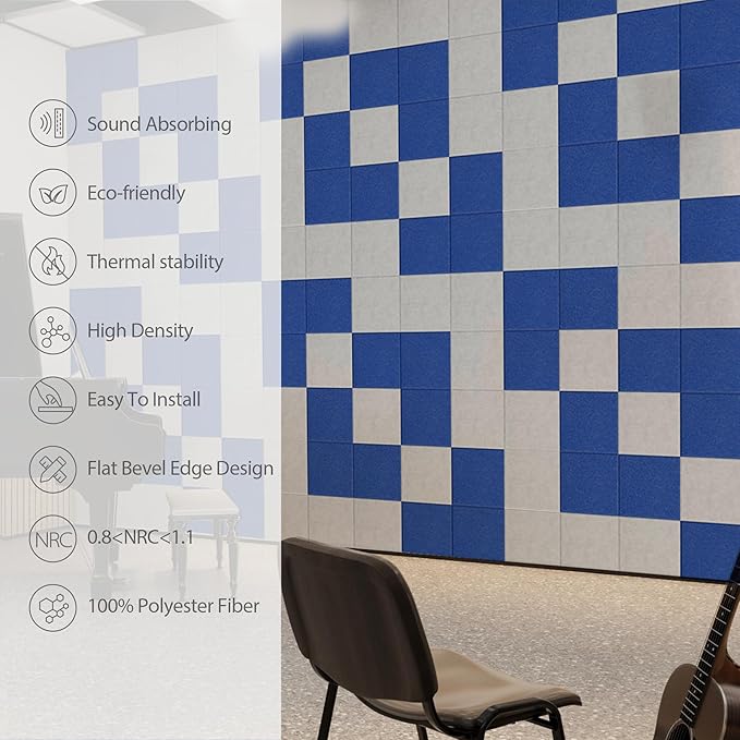 Amantech 12 Pack Acoustic Panels Self Adhesive Sound Proof Foam, High Density Sound Acoustic Panel, 12X12X0.4 Inch Square Panels in Home, Office, Reccording Room, Studio,and more(Silver Gray)