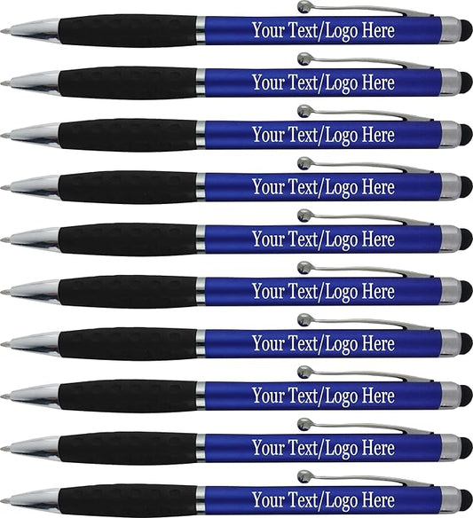 SyPen Personalized Pens With your Custom Logo or Text-300 Pack Bulk-for Businesses, Parties, and Events, 2 in 1 Ballpoint Pen & Stylus Compatible with Touchscreen Devices, Blue Barrel, Black Ink
