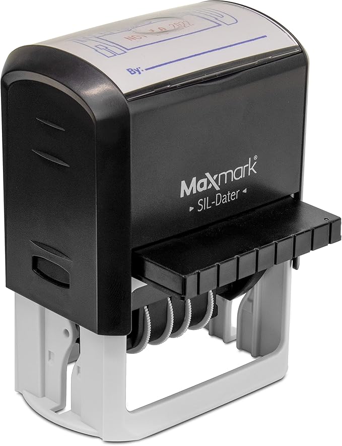 MaxMark Large Self-Inking Rubber Date Office Stamp with Deposited Phrase & Date - Blue/Red Ink, 12-Year Band - Style 5