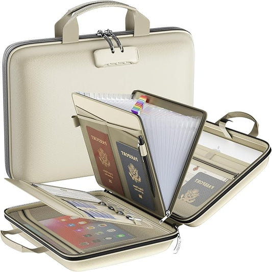 Fireproof File Organizer with Lock, Hard-Shell Case Fireproof Document Box with 13 Pockets Accordion File Folder, Important Document Organizer for Letter A4 Files Laptop Passports (Beige)