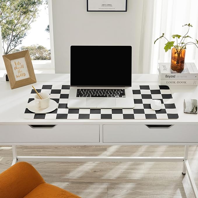Ohocut Checkered Desk Mat, 31.5" x 15.7" Large Cute Black White Aesthetic Retro Accessoires, PU Leather Computer Laptop Desk Mat Mouse Keyboard Pad, Desk Writing Makeup Mat for Vanity/Work/Home Decor