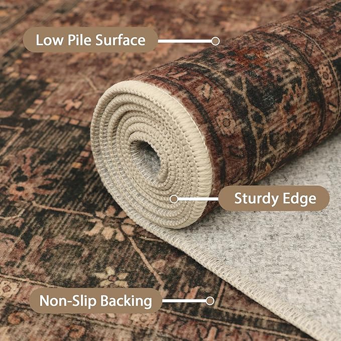 GENIMO 2x5 Runner Rugs for Hallway, Machine Washable Non Slip Vintage Rugs, Low Pile Lightweight Soft Print Rug for enrtyway, Corridor, Home, Office, Kitchen, Charcoal Brown