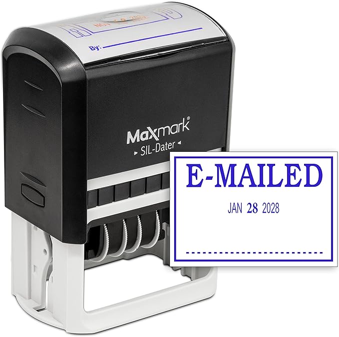 MaxMark Large Self-Inking Rubber Date Office Stamp with E-Mailed Phrase & Date - Blue Ink, 12-Year Band - Style 3