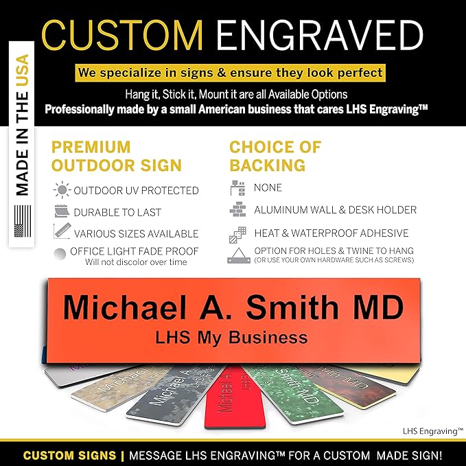 Engraved Door Signs for Office Personalized Orange Plastic Door Plaque Black Letters - Made in USA 2x4 B11