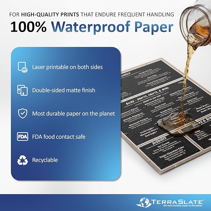 TerraSlate Premium Waterproof Paper, 5 MIL 8.5” x 11”, Laser Printer & Copy Machine Compatible, Durable & Rain/Weather-Proof Copy Paper, White Paper (250 Sheets)